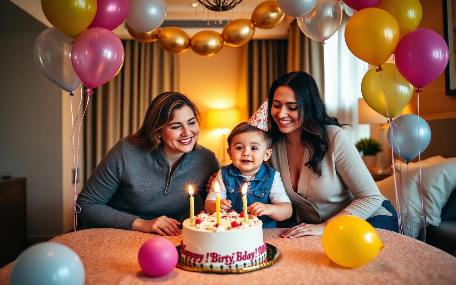 A child celebrating a birthday in a decorated hotel suite